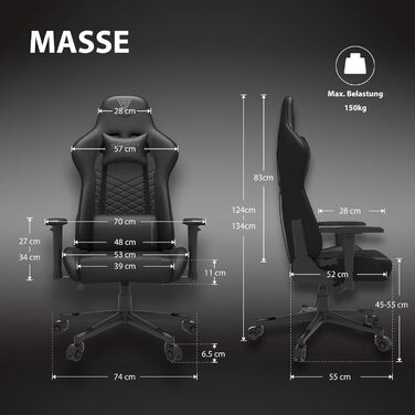 Офісне крісло Gaming Spellcaster, ергономічне крісло для геймерів, підлокітники, цільна сталева рама, регульований кут нахилу, чорний колір, 43-52 x 69,5 x 57 см, 5907783039720, шкіра чорного кольору