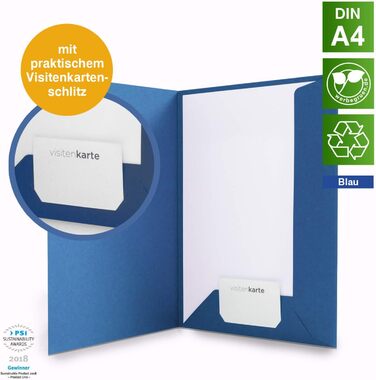 Папка для презентацій Werbegruen A4 біла високої якості Міцний, DIN A4 320 г/м картон Зроблено в Німеччині Слот для візиток Папка-конверт, папка з сертифікатами, папка для документів (синя, 50 шт. )