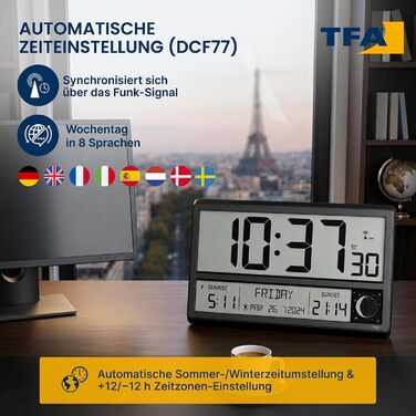 Цифровий радіокерований настінний годинник TFA Dostmann Digitale XL (60.4524.01) з часом сходу та заходу сонця, будильником, великими цифрами, фазами місяця, безшумний, чорний