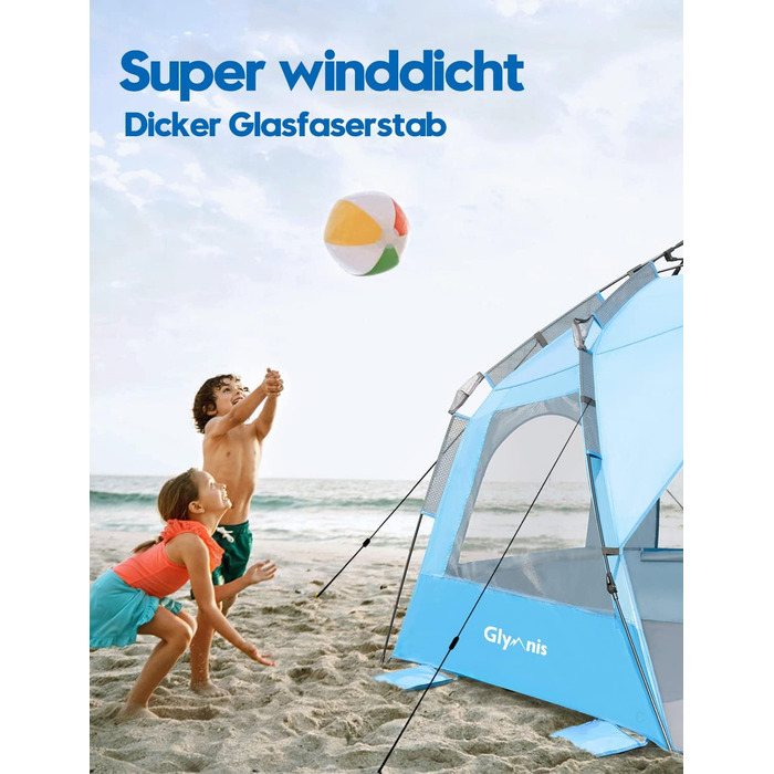 Пляжний намет Glymnis Quick Up, автоматичний пляжний намет, захист від ультрафіолету 50, вітрозахисний, сонцезахисний козирок із системою швидкого складання, невеликий розмір у пакуванні, для 4-5 осіб, синій, BT-ZD02-B, з подовжувальною підлогою