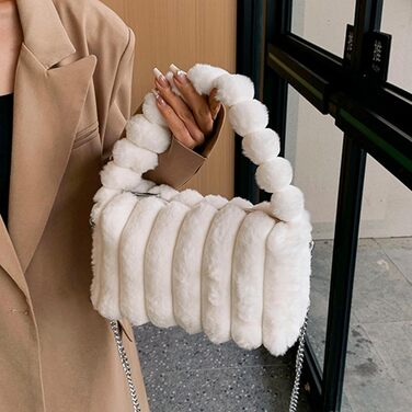 Біла пухнаста вечірня сумочка-клатч зі штучного хутра на ланцюжку для весілля, випускного або вечірки