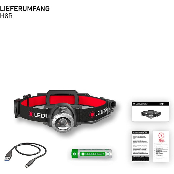 Світлодіодний налобний ліхтар Ledlenser H8R, акумуляторний від літієвої батареї 18650, 600 люмен, фокусувальний, до 120 годин роботи, червоне заднє світло, поворотний, кабель для заряджання USB, налобний