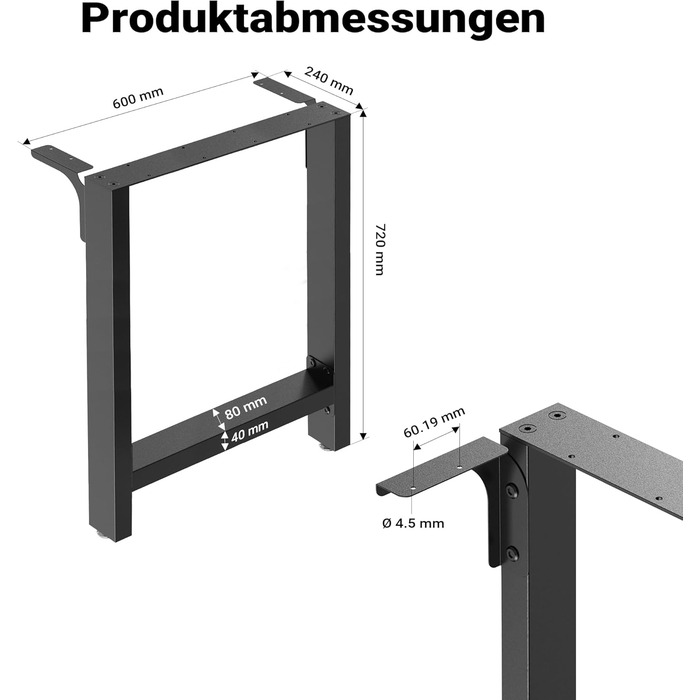 Сталеві ніжки для столу Wiltec, комплект з 2 шт., квадратні труби 60x72 см, чорне порошкове покриття, доріжки для столу, каркас столу, основа столу