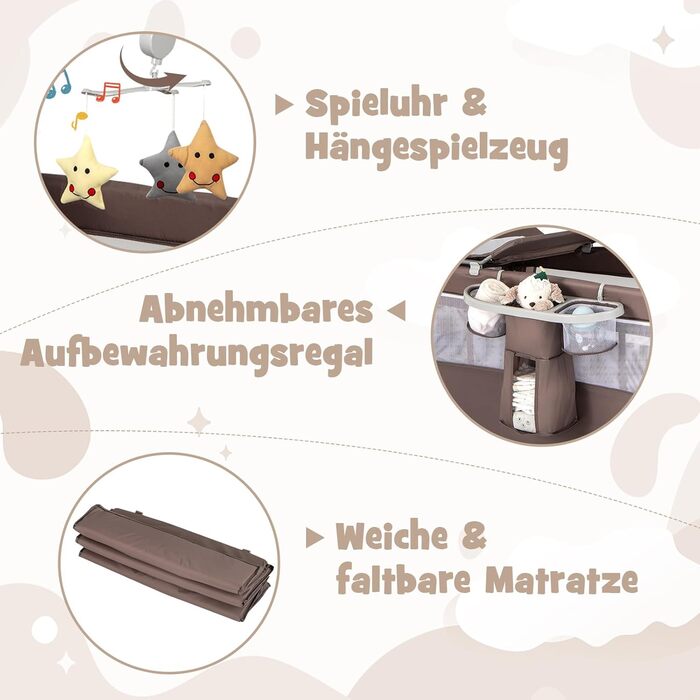 Складана приліжкова ліжечка COSTWAY 5 в 1, дорожнє ліжечко з матрацом, 2-рівневе дитяче ліжечко з колесами, ігрова арка та пеленальний килимок, колиска з люлькою для дитини до 3 років (коричневий)