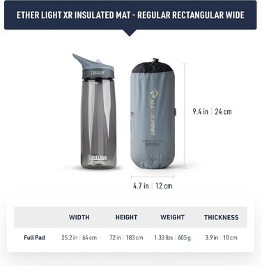 Надувний матрац Ether Light XR Thermo, прямокутний, звичайний, широкий утеплювач ThermalCore клапан Xpress чохол для речей та фіксатор подушки ультракомпактний 3 сезони для походів сірий 605 г