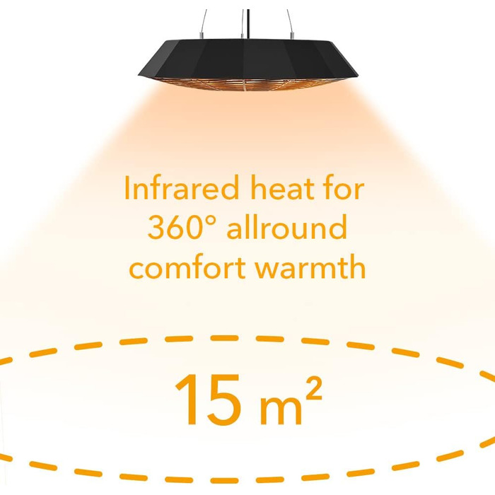 Інфрачервоний стельовий обігрівач TROTEC IR 2010 SC 2000 Вт, круговий обігрів 360, світлодіодне освітлення, захист від атмосферних впливів IP45, пульт дистанційного керування, алюмінієвий корпус, для патіо та ресторанів, 2000 Вт, чорний