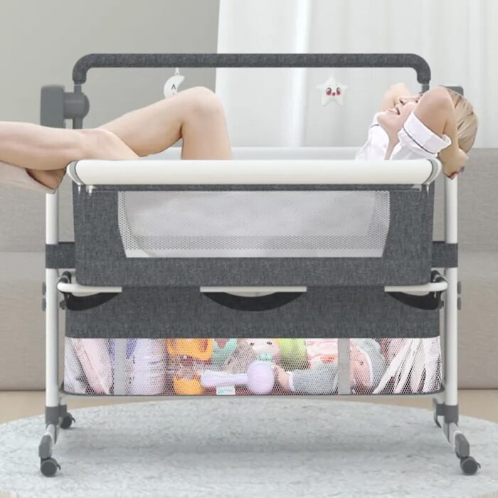 Дитяче ліжечко-ліжечко, дитяча колиска з колесами, дихаюча сітчаста тканина, безпечна та стійка конструкція, дитяче ліжко з 5 режимами гойдання (БЕЖЕВИЙ)