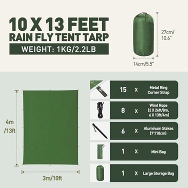 Водонепроникний, надлегкий кемпінговий тент VOSOIR Tarp 3x4M, з 15 люверсами 6 алюмінієвих кілочків 8 нейлонових мотузок, захист від снігу та дощу, легкий компактний для кемпінгу з гамаком, пікніка, піших прогулянок світло-зелений