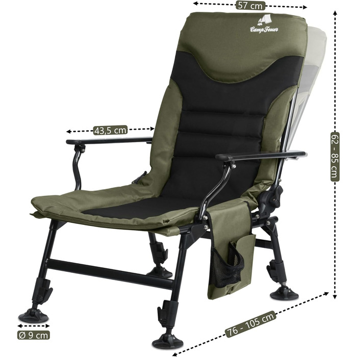 Рибальське крісло CampFeuer кольору моху та зеленого/чорного Кемпінгове крісло з регульованою висотою Складане коропове крісло Вуличне туристичне крісло для кемпінгу, риболовлі в наметі Складане рибальське крісло, коропове крісло, рибальське ліжко