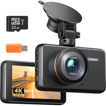 Відеореєстратор передній, 2160P автомобільна камера з картою пам'яті 32GB, нічний відеореєстратор з циклічним записом, G-сенсорне