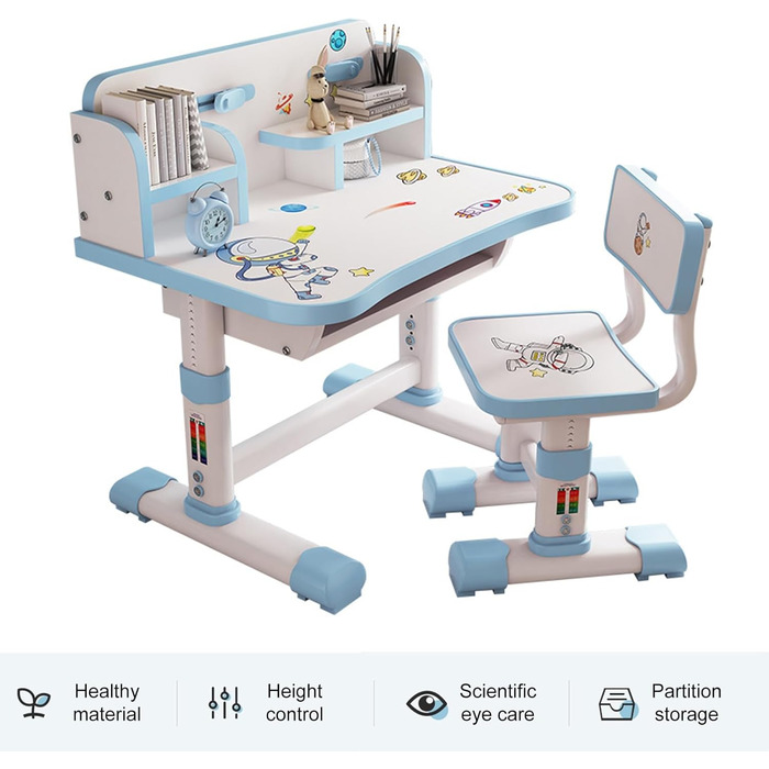Дитячий функціональний комплект столу та стільця, регульована висота, комплект шкільного столу та стільця з мультяшним візерунком, ергономічне письмове крісло з великою дошкою для письма, книжкова полиця, синій