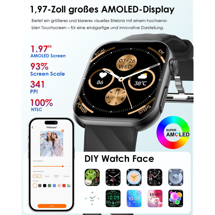 Новий смарт-годинник з ЕКГHRV/ІМТ/сечовою кислотою для чоловіків і жінок, 1,97-дюймовий AMOLED годинник для здоров&39я з Bluetooth-дзвінками, 24-годинний монітор серцевого ритму/сну/кров&39яного тиску/екстрений виклик SOS, фітнес-годинник для Android/iOS 