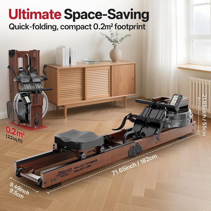 Домашній веслувальний тренажер JOROTO, дерев&39яний водний веслувальний тренажер, складний Підключення Bluetooth до застосунку Kinomap Максимальна вантажопідйомність 150 кг Резервуар для води 16 л Попередньо встановлено 98