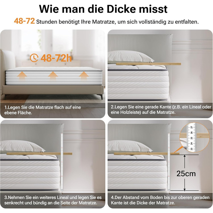 Матрац TXO 140x200 см, висота 25 см, пружинний матрац Pocket Spring, рівень жорсткості H3, 7-зонний пружинний матрац з високоякісною піною для підтримки спини, сертифікований Oeko-Tex, білий 140 x 200 см