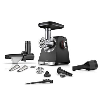 Електрична м'ясорубка Bosch MultiPower Serie 6 MFWS650B, 2100 Вт, нержавіюча сталь, 3 диски (3, 4.5, 8 мм), соковижималка, насадки для ковбас та кеббе, чорна