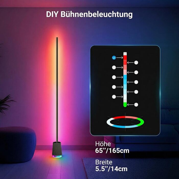 Розумна RGB IC LED-торшер NEEWER NF06, кутова лампа 1500лм з підтримкою Google та Alexa, керування через додаток, AI-дизайн, синхронізація з музикою, 16 млн кольорів для створення атмосфери у вітальні та спальні