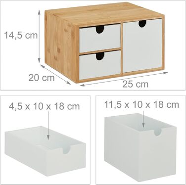Комод Relaxdays Drawer Box, бамбук та МДФ, міні-комод з 3 шухлядами, висота та ширина 14,5x25x20 см, органайзер для столу, натуральний/білий