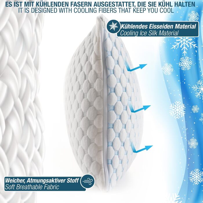 Регульована гелева подушка Alkamto 73x48 см охолоджувальна подушка з піни з ефектом пам&39яті з двостороннім чохлом з крижаного шовку та віскози ідеально підходить для сну на спині, животі та на боці розмір queen-size для спокійного сну 73x48x14 см