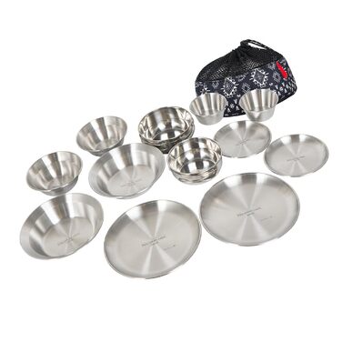 Набір туристичного посуду з нержавіючої сталі на 12 осіб, сріблястого кольору, штабельований, для подорожей та щоденного використання, ідеальний для кемпінгу та пікніків