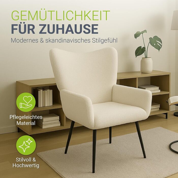 Крісло-підлокото Juskys Odense без пуфа, реклайнер з тканиною букле, скандинавський стиль, висока спинка та оббивка, сталевий каркас бежевий букле - бежевий без пуфа