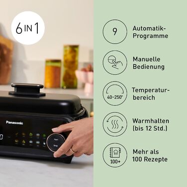 Мультипіч-гриль Panasonic NF-GM600 6-в-1 електрогриль, планча, тушкування, slow cook, BBQ та пароварка, 1400 Вт, 40250 C, 9 авторежимів, 6 антипригарних панелей, система відведення диму, 6 аксесуарів