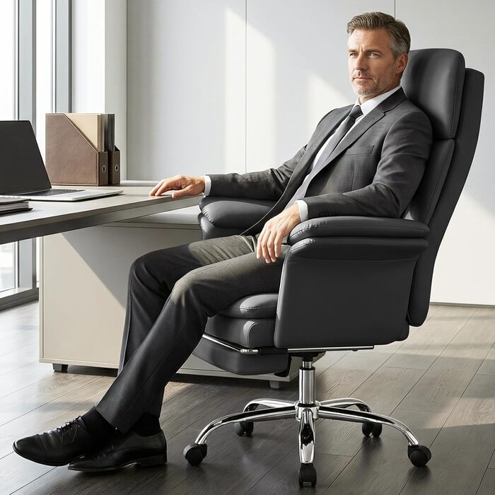 Офісне крісло Hellove з підставкою для ніг, стілець для роботи на колесах, ергономічне крісло для керівника з двошаровими підлокітниками, висока спинка, регульоване по висоті поворотне крісло для ПК, ігрове крісло для офісу/домашнього офісу, чорний колір