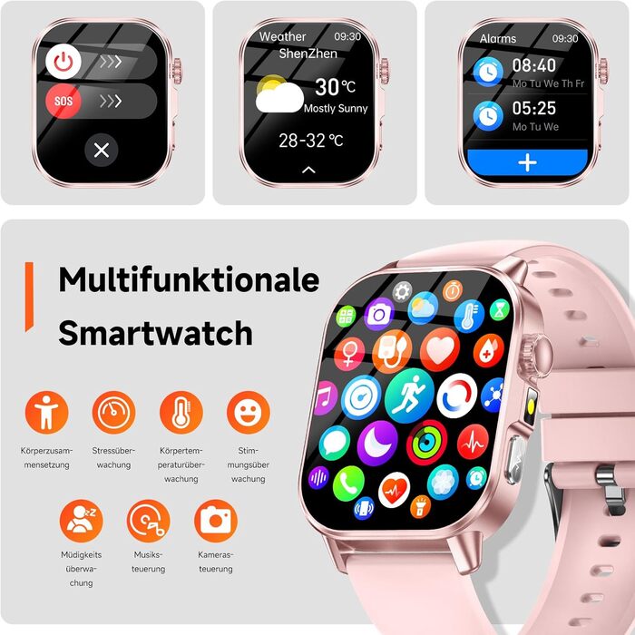 Жіночий смарт-годинник з ЕКГ/BAT/ІМТ/ВСР/сечовою кислотою/світлодіодним підсвічуванням, 2.0-дюймовий годинник для здоров&39я з 24-годинним вимірюванням артеріального тиску, SpO2, монітором серцевого ритму, температурою тіла, монітором сну/апное, екстреним