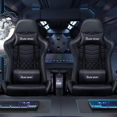 Геймерське крісло, офісне крісло з регульованою поперековою подушкою, підлокітниками та підголівником, функція гойдання ігрового крісла до 170, ігрове крісло зі зручними подушками сидіння, ігрове крісло вантажопідйомністю 150 кг