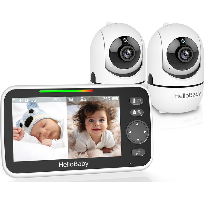 Камери HelloBaby, Радіус дії 305 м, Батарея на 26 годин, Розділений екран 5&39, Поворотна відеоняня 355/120, Без Wi-Fi, ECO, 2-сто