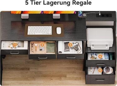 Кутовий письмовий стіл Coleshome з 5 шухлядами та 4 полицями, 200110 см, L-подібний стіл зі світлодіодним освітленням, розетками та USB-портами, великий стіл для домашнього офісу, чорний 200110 см