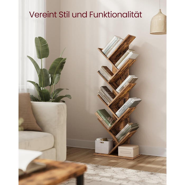 Книжкова полиця VASAGLE у формі дерева, 9-ярусна окремостояча полиця, компактна кутова полиця, полиця для зберігання речей у спальні, вітальні, домашньому офісі, вінтажний коричневий колір LBC11BX 9 ярусів (25 Г x 50 Ш x 141,5 В см) вінтажний коричневий к