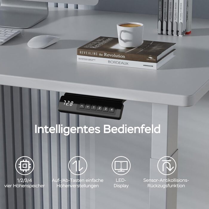 Стіл з регулюванням висоти та двома двигунами, цільна стільниця 25 мм, інтелектуальне керування з 4 налаштуваннями пам&39яті, вантажопідйомність 35 кг, тихий &lt45 дБ (білий білий, 140 см x 70 см) Білий білий 140 см x 70 см