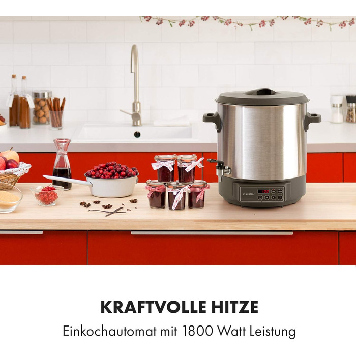 Машина для консервування мармеладу Klarstein Lady Дозатор гарячих напоїв Горщик для консервації, 27 літрів, 1800 Вт, 30-100 C, таймер, функція збереження тепла, захист від перегріву, матова нержавіюча сталь
