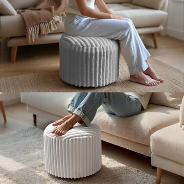 Круглий пуф-табурет, кругла пуф-мішок для ніг, диванний табурет, пуф для ніг з високоякісним штучним хутром, пуф, подушка-пуф для квасолі, сидіння для дивана та вітальні, 38x50x50 см, білий