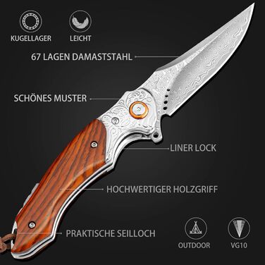 Кишеньковий ніж LOTHAR TUNA, дамаський складаний ніж з 67 шарів дамаської сталі VG10, дамаський кишеньковий ніж з гострим лезом і