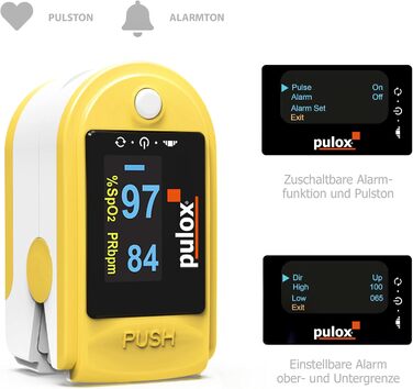 Пульсоксиметр Pulox PO-200A Solo з сигналізацією та імпульсним сигналом для вимірювання пульсу, насичення киснем та ПІ на пальці (жовтий)