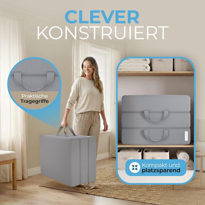 Матрац ELONEO Folding Mattress, гостьовий матрац, 3-секційний розкладний матрац, надзвичайно товста піна (15 см), можна прати, ортопедична подушка, складний, складний матрац, для дорослих (сірий, 90 x 200 x 15 см) 90 x 200 x 15 см сірий