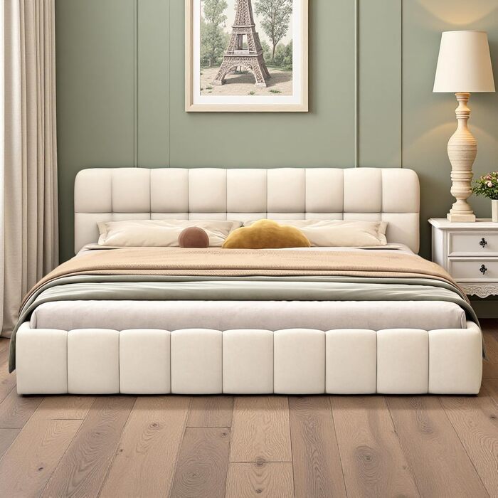 Ліжко DULLLLY Bubble 140x200, Ліжко 140x200 з рейковою основою, Дитяче ліжко з м&39яким узголів&39ям, М&39який каркас ліжка для спальні та гостьової кімнати, без матраца, Льняна тканина (бежевий) 140x200 білий