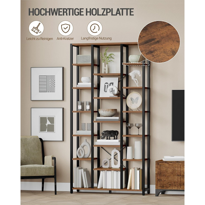 Книжкова полиця Hzuaneri, стояча полиця з 7 рівнями та 18 полицями, регульовані відкриті полиці, для вітальні, офісу, спальні, 30 x 100 x 202 см, вінтажний коричнево-чорний, BC15601B 30 x 100 x 202 см вінтажний коричнево-чорний