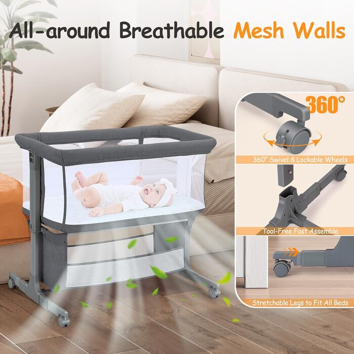 Дитяча колиска-ліжечко для новонароджених, портативне дитяче ліжечко з колесами, кошик для зберігання, матрац, регульована висота у 7 напрямках, додаткове ліжко (темно-сірий)