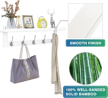 Вішалка для одягу SMIBUY з полицею настінна, вішалка для одягу 74 см для вхідної зони на стіну, бамбукова підвісна полиця з 5 подв
