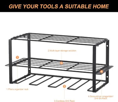 Сховище для інструментів для верстака, настінне кріплення акумуляторної ударної дрилі, 4 гнізда Надпотужна електрична настінна дриль стійка для зберігання викруток організація чорний метал