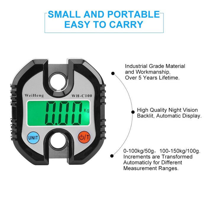Електронні ваги, цифрові підвісні ваги з РК-дисплеєм, 150 кілограмів, електронні ваги з підвісними гачками та петлею для зважування (чорні)