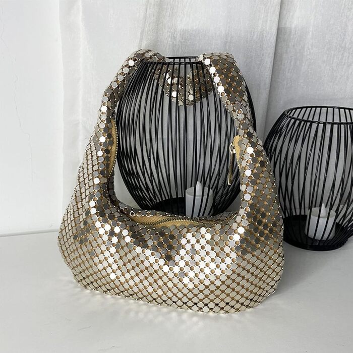 Жіноча сумка на вечірку, клатч з металевими паєтками, золота однотонна сумочка на ланцюжку