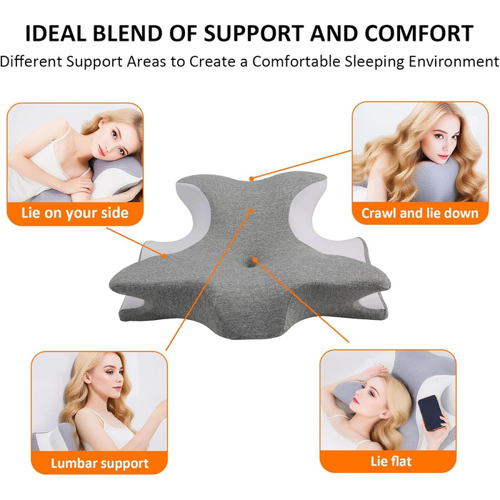 Подушка з піни з ефектом пам&39яті, дорожня подушка з підтримкою шиї, ергономічна подушка зі знімним чохлом, подушка для сну на боці, спині та животі, сіра