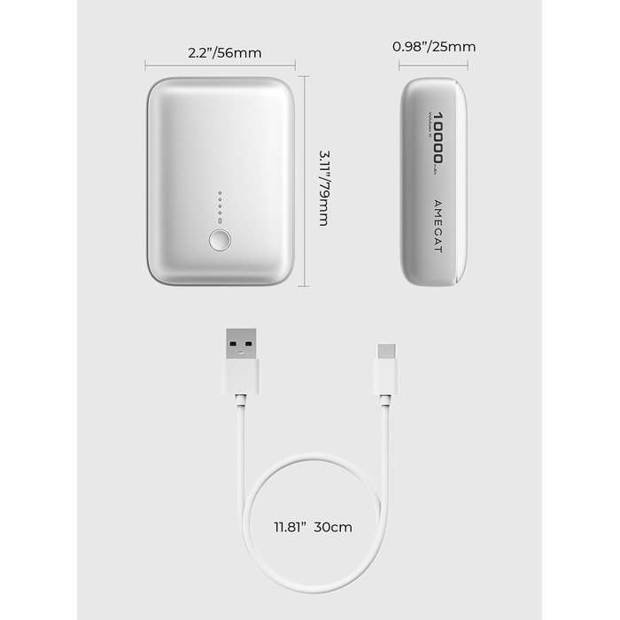 Невеликі, але міцні зовнішні батареї для мобільних телефонів, сумісні зі смартфонами, планшетами, ноутбуками, навушниками тощо (морозно-білі), 10000mAh, 22,5W Mini Power Bank USB C Input&Output
