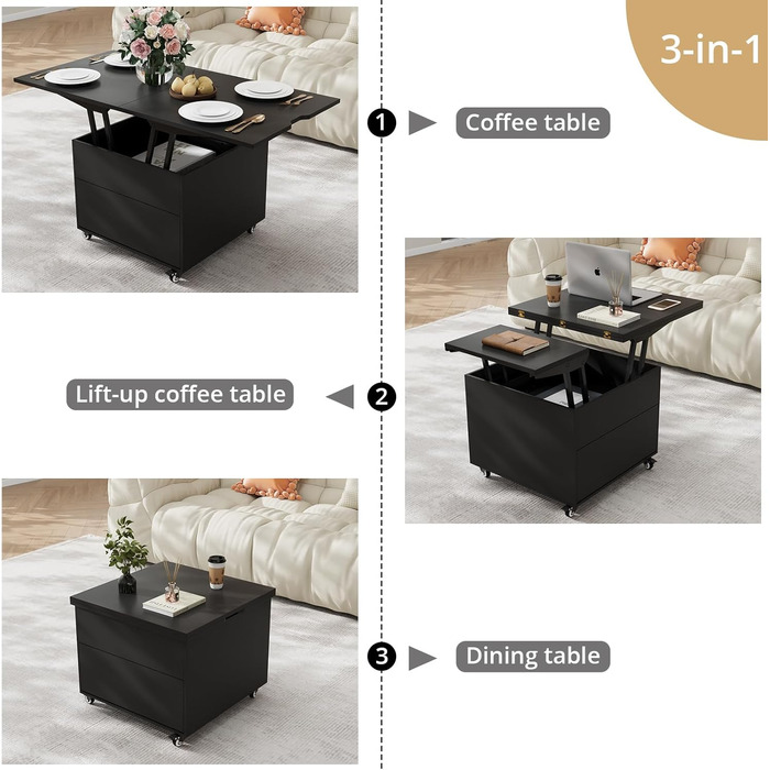 Журнальний столик VOWNER з регульованою висотою, багатофункціональний журнальний столик 3-в-1, який можна перетворити на стіл для вітальні/обідньої кімнати, журнальний столик із прихованим місцем для зберігання, 120Д x 60Ш x 68В см (чорний)