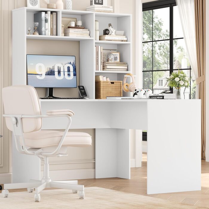 Кутовий письмовий стіл FirFurd з подовжувачем, L-подібний комп&39ютерний стіл з книжковою полицею, стіл для ПК/ноутбука для офісу, кабінету, вітальні, домашнього офісу, білий, 153 x 125 x 108 см, білий/розкішний сад