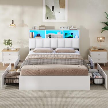 Ліжко AOGLLATI 140200 см, М&39яке ліжко із зарядною станцією та світлодіодним освітленням, Двоспальне ліжко з місцем для зберігання речей та узголів&39ям для зберігання речей, 4 шухляди, Рейкова основа, без матраца (для матраца 140 x 200 см), Білий 140 x 