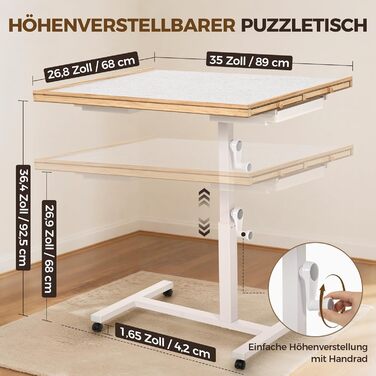 Стіл-пазл на 1500 елементів, стіл-пазл з 6 шухлядами та однією основою, дошка-пазл з регулюванням висоти та 4-рівневим регулюванням нахилу, стіл-пазл з кришкою та 4 колесами, 89 x 68 см